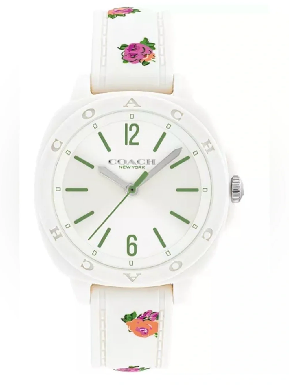 COACH White Floral  Women's Kitt Chalk Silicone Strap Watch, 35.4mm